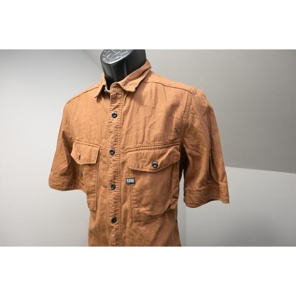 G Star Raw Button Up Shirt Front Pockets Short Sleeve Brown Mens Sz Small - Picture 3 of 11